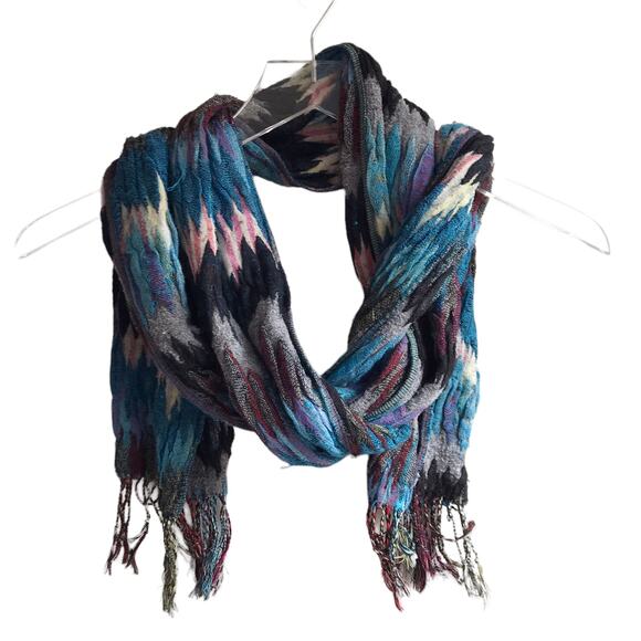 Blue Zig Zag Knit Scarf Fringed Marled Rectangular Wrap Cozy Hygge - Picture 1 of 14